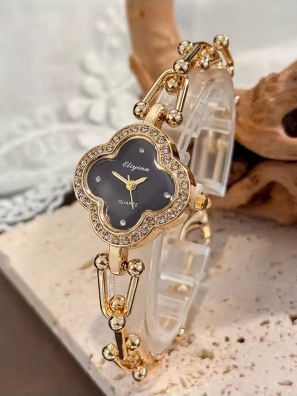 Women's Gold Tone Black Face Floral Quartz Bracelet Watch